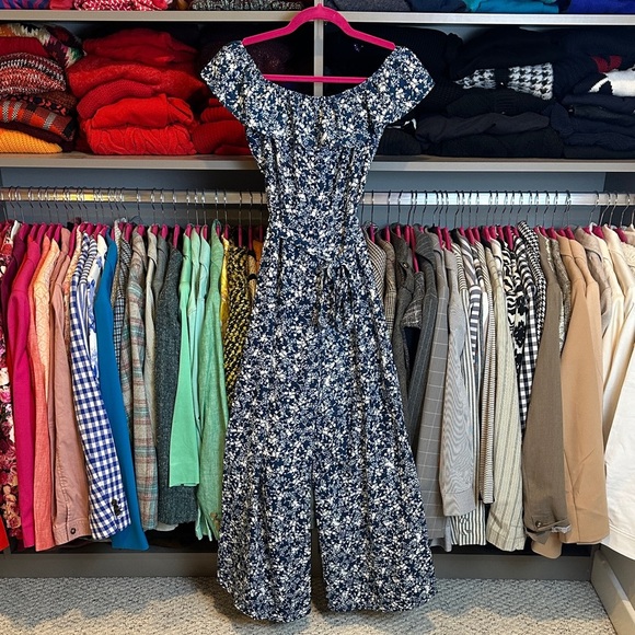 Miami blue/white floral belted wide leg back zipper closure jumpsuit size S - Picture 1 of 3